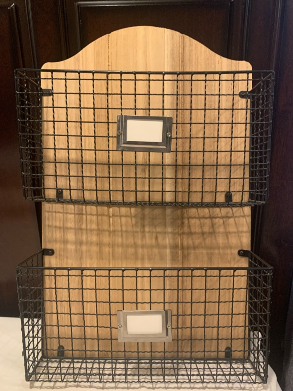 Black Wire Double Wall Basket with Light Wood Backboard
